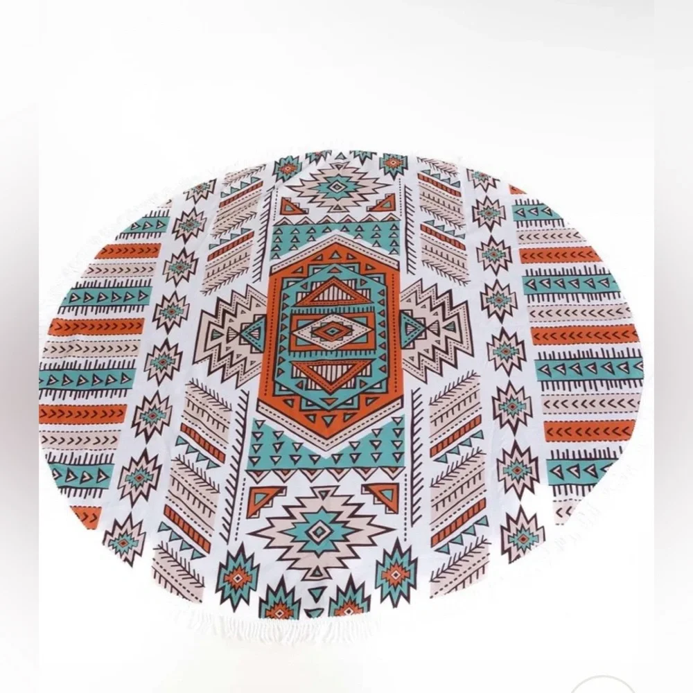 Beach Towel Round with White Fringe  - Aztec Print Festival, Beach or Picnic.